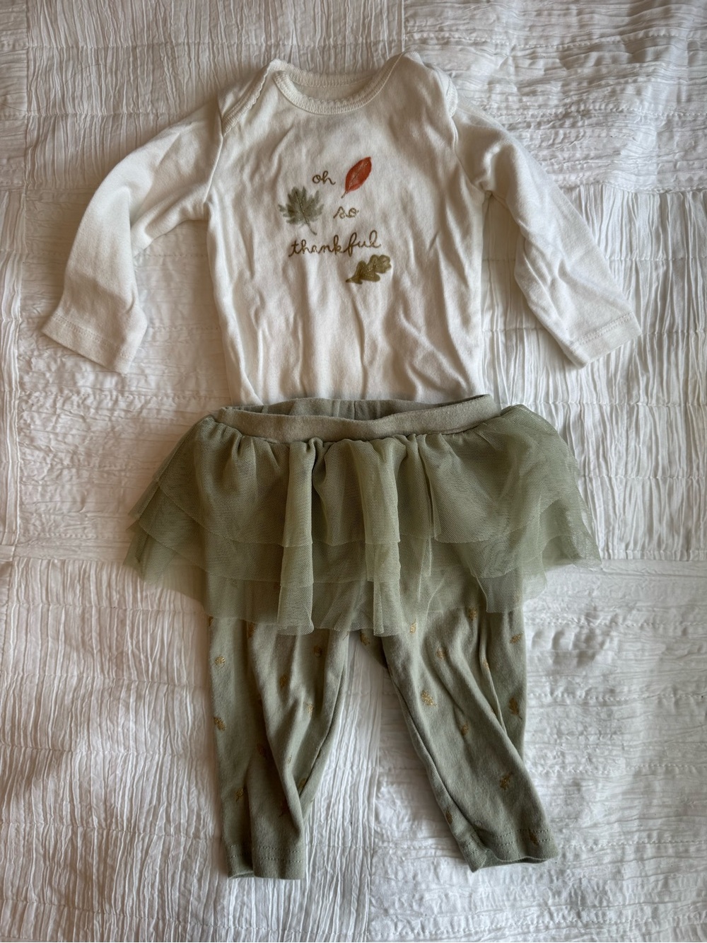 Carter's Thanksgiving White Baby Bodysuit with Gold and Green Leaf Detail